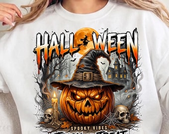 Halloween Shirt Design PNG, Spooky Pumpkin Trick or Treat Sublimation, Retro Halloween Graphic, Fall PNG, Digital Download