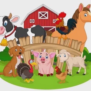 May include: A cartoon illustration featuring a black and white cow with a bell, a brown horse, a pig, a dog, a turkey, a rooster, and a hen standing in front of a wooden fence and a red barn on a green grassy patch with small green bushes.