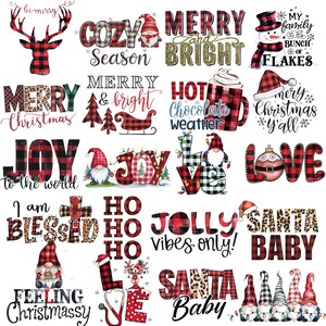 May include: A collection of Christmas-themed graphics with text and illustrations. Designs include phrases like "Merry Christmas," "Joy to the World," and "Santa Baby." The color palette features red, black, and white buffalo plaid patterns.