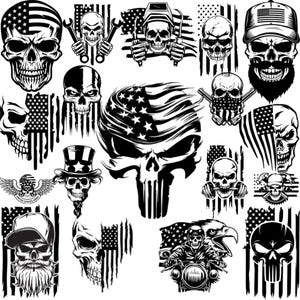 Op de afbeelding: Een verzameling zwart-wit schedel illustraties met Amerikaanse vlag elementen. De ontwerpen omvatten schedels met gereedschap, hoeden, baarden en motor thema's. Het kunstwerk is gedetailleerd en geschikt voor diverse toepassingen.