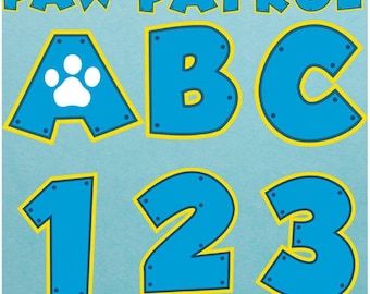 Alfabeto SVG con caratteri e numeri del Puppy Rescue Team, lettere con zampa, clipart dell'alfabeto con zampa in 3D, carattere con zampa blu, zampa in formato SVG PNG, file in vinile tagliato