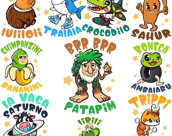 Italienische Brainrot PNG Bündel | Lustige Meme Charaktere | Tralalero Tralala, Bombardino Cocodrilo, Tung Sahur | Digitaler Download