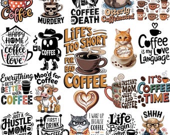 Peut inclure: Ensemble de graphiques sur le thème du café avec des tasses, des citations et des personnages de dessins animés. Les motifs utilisent une palette de marron, noir et blanc. Le texte comprend des phrases telles que "Coffee or Death" et "Coffee is my Love Language."