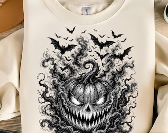 Spooky Pumpkin PNG, Halloween Ghost Pumpkin Sublimation, Vintage Bat Jack O Lantern Shirt Design, Horror PNG, Digital Download
