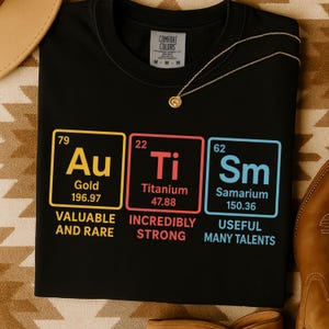 Puede incluir: Camiseta negra con un diseño de tabla periódica que muestra los elementos Au (Oro), Ti (Titanio) y Sm (Samario). La camiseta incluye el número atómico, el nombre y el peso atómico del elemento. Un collar de oro descansa sobre la camiseta.