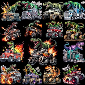 Può includere: Una collezione di monster truck e veicoli colorati, ognuno con un dinosauro. I camion sono in vari colori, tra cui rosso, verde e arancione, con effetti di fiamme e fumo. I dinosauri sono raffigurati in colori vivaci.