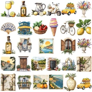 Italian Summer PNG Bundle, Mediterranean Aesthetic Clipart, Lemon Scooter Gelato Art, Vintage Travel Watercolor, Digital Download