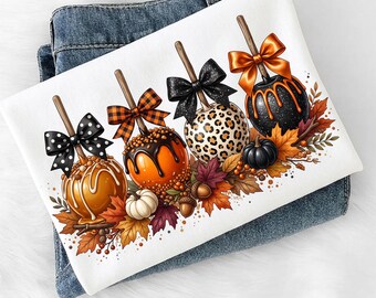Fall Caramel Apples PNG, Trendy Autumn Candy Apple Sublimation, Coquette Halloween Treat PNG, Apple Orchard Graphic, Digital Download