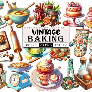 May include: Watercolor clipart set featuring vintage baking tools and treats. Includes a stand mixer, rolling pin, pie, cake, oven mitt, and more. The text "VINTAGE BAKING" is displayed in the center of the image.