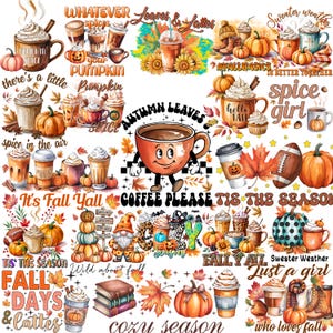 Höstkaffedryck PNG-paket | Pumpakryddalatte PNG | Sublimeringsdesigner för höstkaffe | Mysig höstdryck PNG för skjortor och muggar
