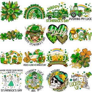 May include: A collection of St. Patrick's Day themed graphics. Designs include shamrocks, rainbows, leprechauns, beer mugs, and text such as "Happy St. Patrick's Day", "Lucky", and "Give Me Beer". The color palette is green, gold, and white.