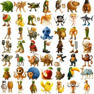 May include: A selection of quirky cartoon characters, each a unique anthropomorphic animal or object. The illustrations feature bright colours and playful designs, including a watermelon with legs, a ninja sushi roll, and a toucan with sunglasses.