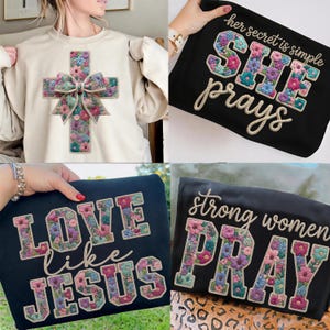 She Prays PNG Bundle | Faux Embroidery Christian PNG | Floral Faith Design PNG | Religious Quote Sublimation | Coquette Christian