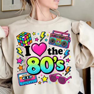 Jag älskar 80-talet PNG, Retro Vintage 1980-talsfestdesign, Neonfödelsedagströja sublimeringsgrafik, Digital nedladdning