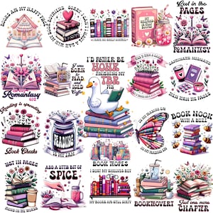 Puede incluir: Una colección de pegatinas coloridas y caprichosas con diseños temáticos de libros. Las pegatinas incluyen pilas de libros, citas sobre la lectura e ilustraciones de una biblioteca, un pato leyendo y una mariposa con páginas de libros.