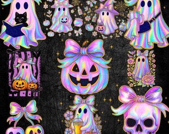 Paquete PNG de fantasma iridiscente / Clipart de Halloween coqueto / Fantasma femenino lindo PNG / Sublimación de calabaza de neón retro / Descarga de temporada espeluznante
