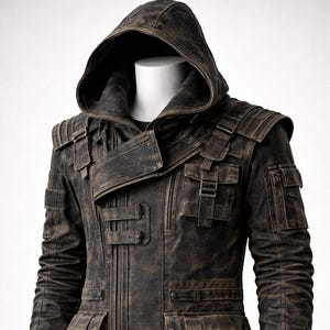 Könnte beinhalten: Braune Kapuzenjacke mit mehreren Taschen und Riemen. Die Jacke hat ein abgenutztes, verwittertes Aussehen mit Reißverschluss und hohem Kragen. Die Jacke hat ein robustes, zweckmäßiges Design mit einer Reihe von Taschen und Riemen auf der Vorderseite und den Ärmeln.