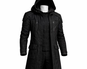 Gabardina larga negra con capucha: abrigo gótico táctico de estilo urbano/chaqueta de cuerpo entero inspirada en cosplay.