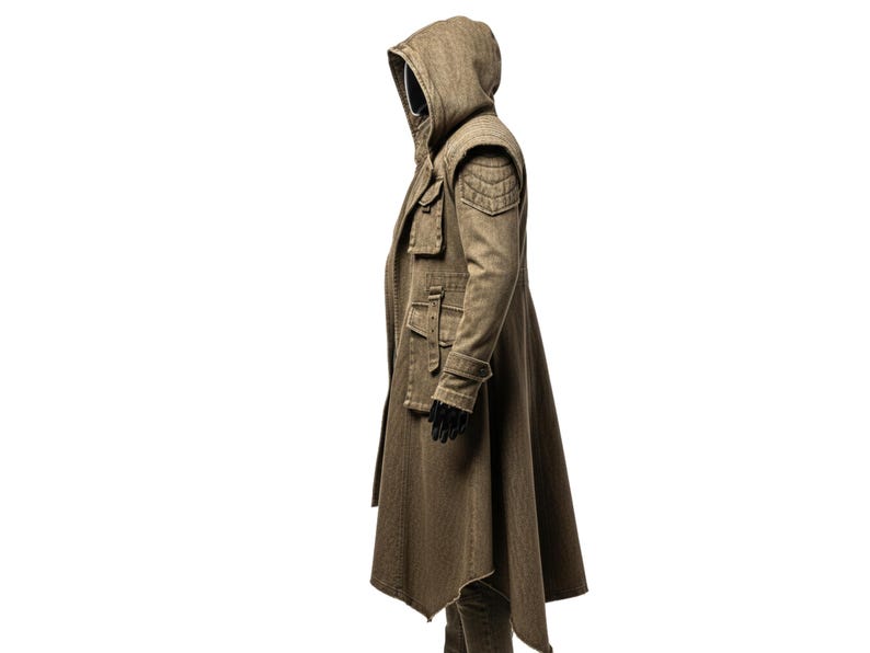 May include: A long, olive-green hooded coat with a unique asymmetrical hemline. The coat features multiple pockets, shoulder detailing, and a fitted silhouette. The model is wearing black gloves. The coat is made of a textured fabric.