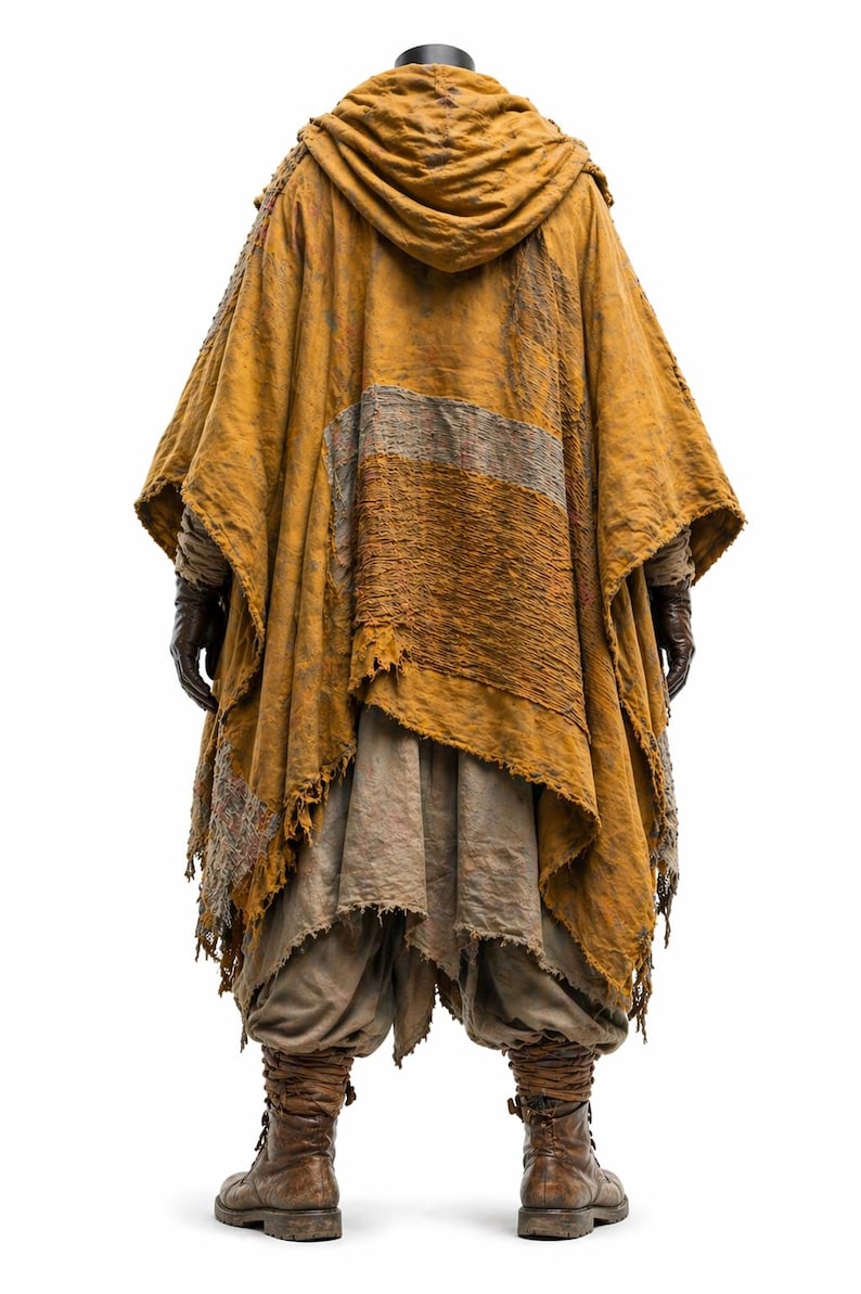 K&ouml;nnte beinhalten: Ein senfgelber Kapuzenponcho mit einem verwitterten, strukturierten Aussehen. Der Poncho ist &uuml;ber einer hellbraunen Tunika und Hose geschichtet. Das Outfit umfasst braune Lederstiefel und Handschuhe und erzeugt eine rustikale, postapokalyptische &Auml;sthetik.