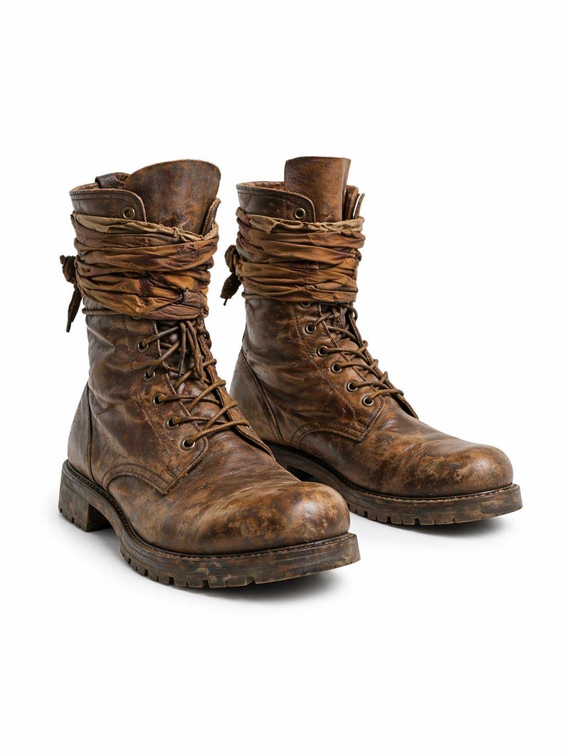 K&ouml;nnte beinhalten: Ein Paar abgenutzte braune Leder-Kampfstiefel. Die Stiefel haben ein Schn&uuml;rdesign, eine dicke Sohle und sind mit braunem Stoff um den Kn&ouml;chel gewickelt. Das Leder hat ein abgenutztes, strukturiertes Aussehen.