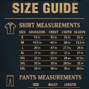 Puede incluir: Gu&iacute;a de tallas para camisas y pantalones, con medidas en pulgadas. Incluye dimensiones de hombros, pecho y mangas para camisas, y cintura y largo para pantalones. El texto "HBHATTI SIZE GUIDE" est&aacute; en la parte superior.