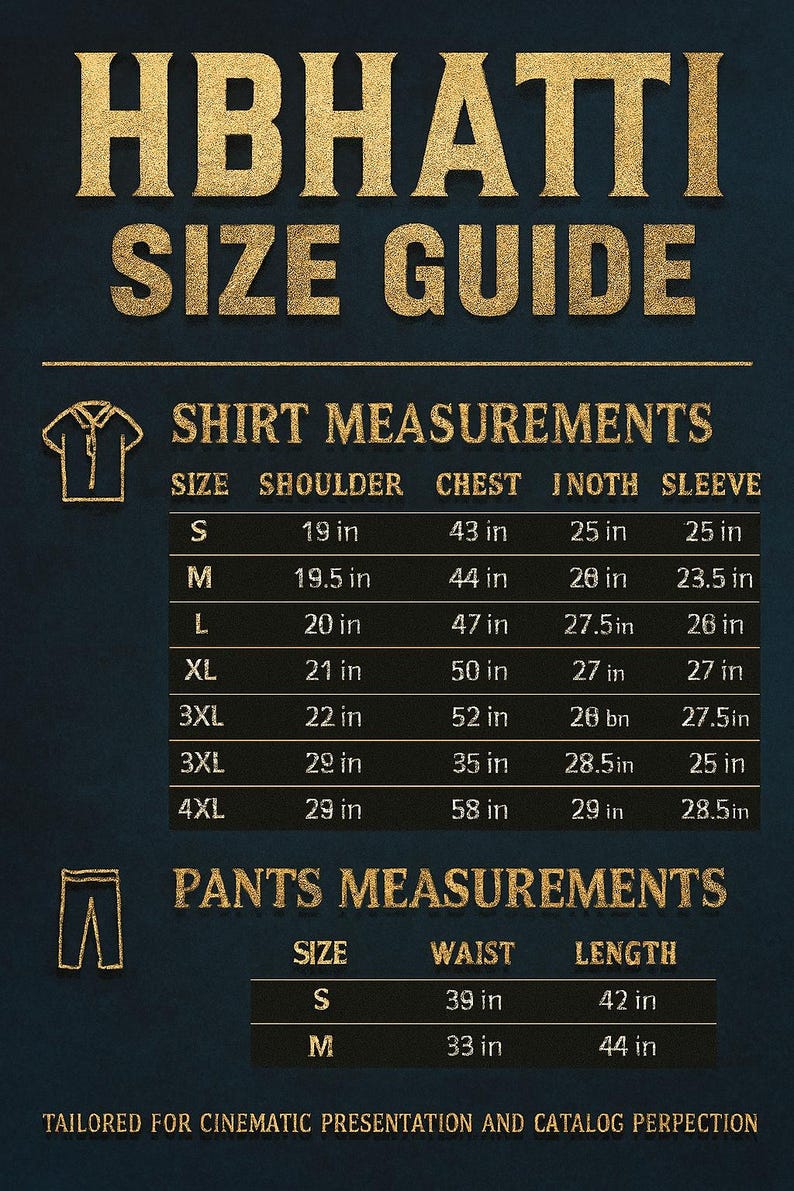 Puede incluir: Gu&iacute;a de tallas para camisas y pantalones, con medidas en pulgadas. Incluye dimensiones de hombros, pecho y mangas para camisas, y cintura y largo para pantalones. El texto "HBHATTI SIZE GUIDE" est&aacute; en la parte superior.