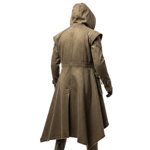 May include: A brown hooded coat with a unique design. The coat features a long, flowing skirt, a belted waist, and shoulder accents. The sleeves are long, and the coat appears to be made of a textured fabric. The model is wearing black gloves.