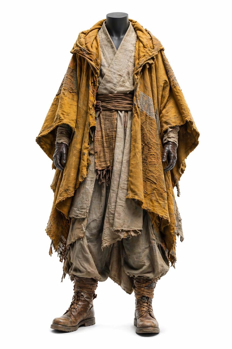 K&ouml;nnte beinhalten: Ein komplettes Kost&uuml;m auf einer Schaufensterpuppe, bestehend aus einem senffarbenen Kapuzenmantel mit ausgefransten Kanten, einem geschichteten, beigefarbenen T-Shirt und einer weiten Hose. Das Outfit umfasst einen braunen G&uuml;rtel, Handschuhe und abgenutzte Lederstiefel. Die &Auml;sthetik deutet auf ein postapokalyptisches oder Fantasy-Thema hin.
