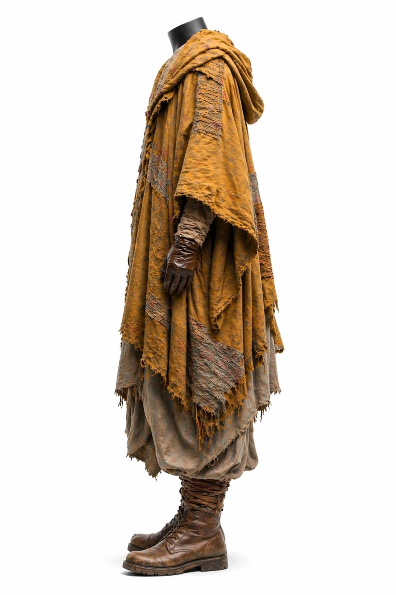 K&ouml;nnte beinhalten: Ein senffarbener Kapuzenmantel mit zerfransten Kanten und Flicken aus rotem und grauem Stoff. Der Umhang wird &uuml;ber einem mehrschichtigen Outfit getragen, darunter ein langer Rock und braune Stiefel. Braune Lederhandschuhe vervollst&auml;ndigen den Look.