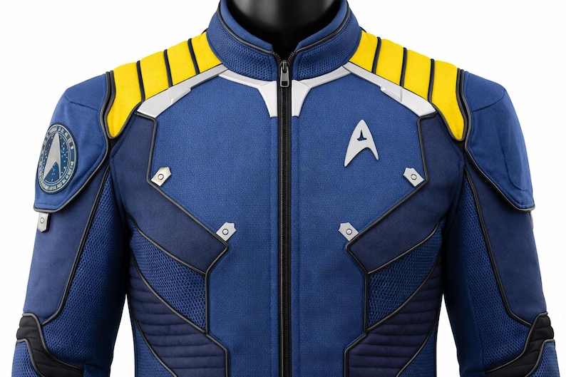 Puede incluir: Chaqueta azul de uniforme de la Flota Estelar con detalles amarillos en los hombros y ribetes plateados. La chaqueta presenta cierre de cremallera, insignia de la Flota Estelar y parche en el hombro. El dise&ntilde;o incluye detalles de malla y acolchado.