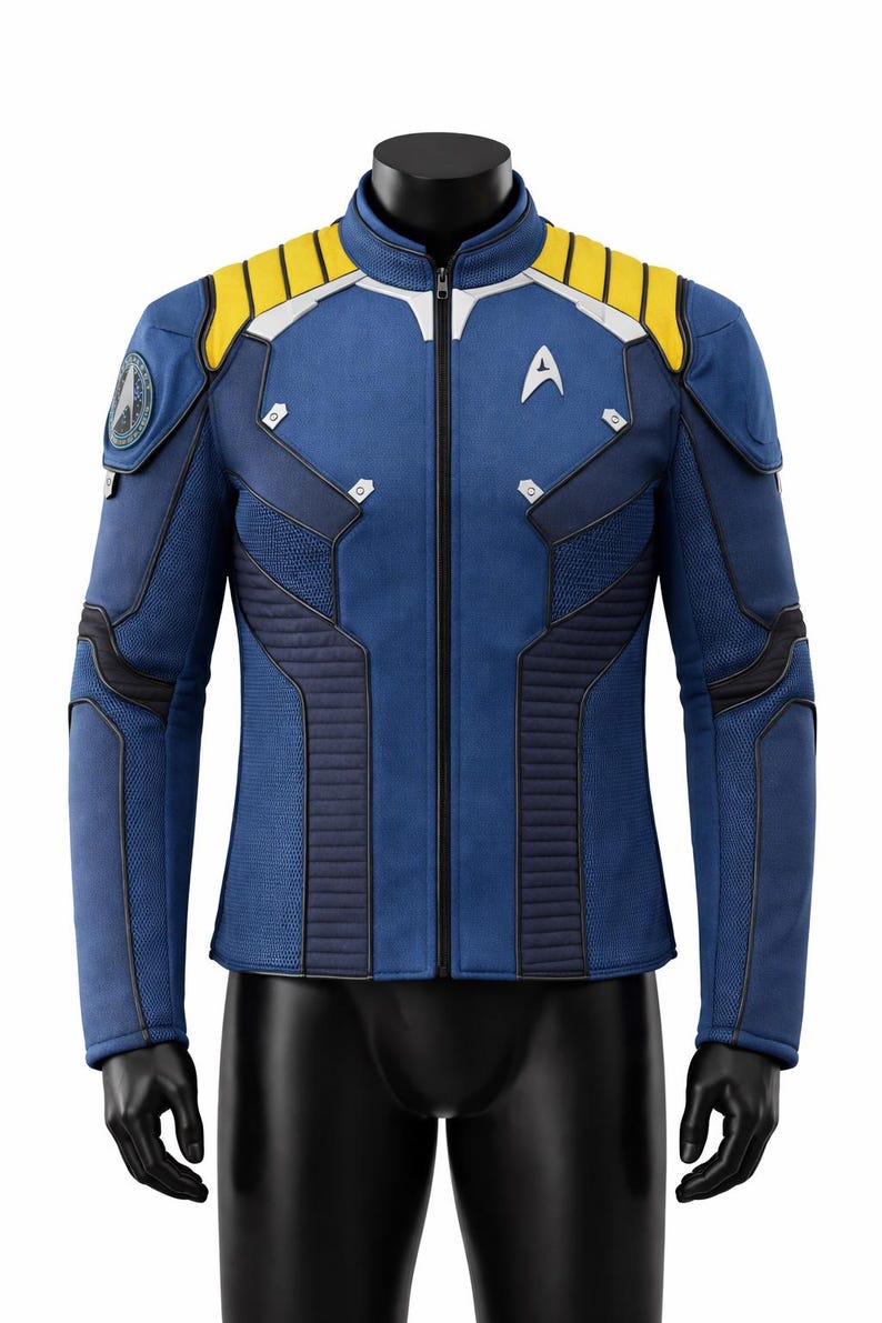 Puede incluir: Chaqueta azul con detalles amarillos y blancos, cierre de cremallera e insignia de la Flota Estelar. La chaqueta tiene paneles acolchados y cuello alto. La chaqueta se exhibe en un maniqu&iacute; negro.