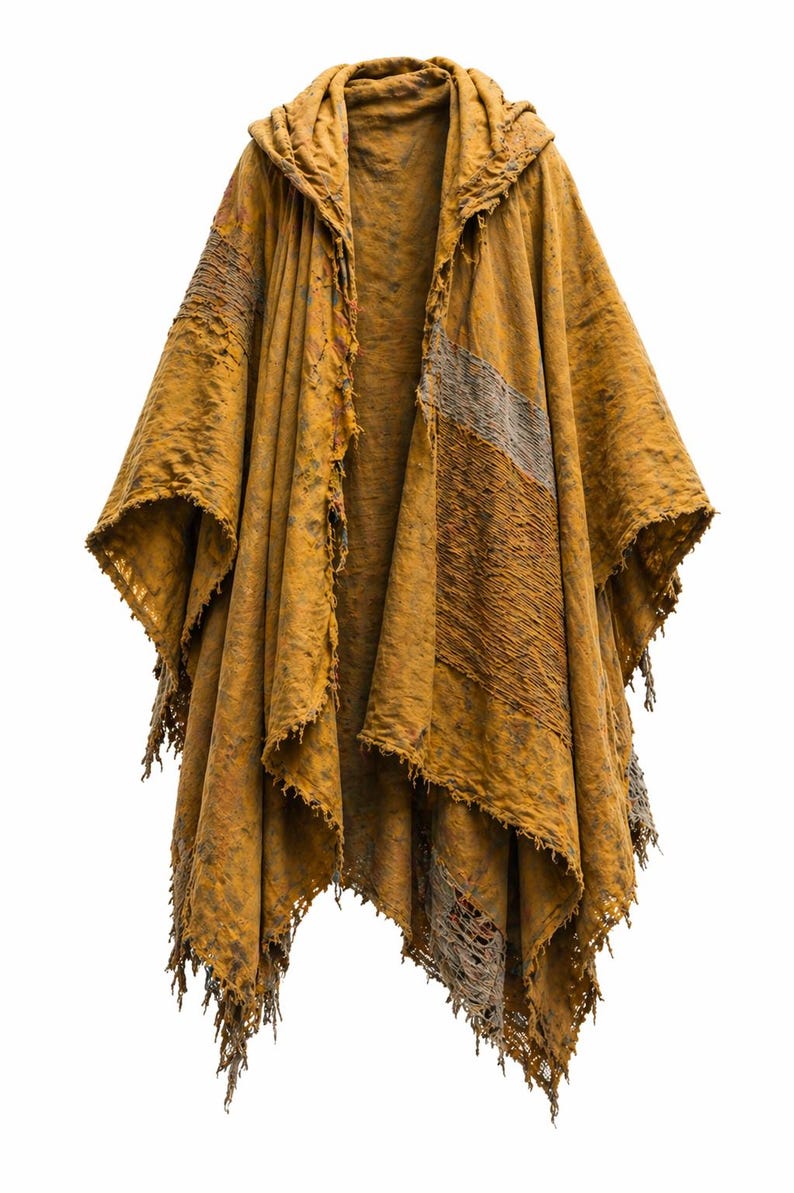 K&ouml;nnte beinhalten: Senfgelber Kapuzenponcho mit ausgefransten Kanten und Patchwork-Details. Der Poncho hat ein lockeres, flie&szlig;endes Design mit strukturiertem Aussehen. Das Kleidungsst&uuml;ck hat einen einzigartigen, b&ouml;hmischen Stil, der sich zum &Uuml;berziehen eignet.