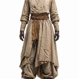 K&ouml;nnte beinhalten: Ein beigefarbenes Kost&uuml;m mit einem Wickeloberteil, einem breiten G&uuml;rtel und einem geschichteten Rock. Das Outfit umfasst eine passende Hose, braune Lederhandschuhe und Stiefel. Das Kost&uuml;m wird auf einer Schaufensterpuppe pr&auml;sentiert.