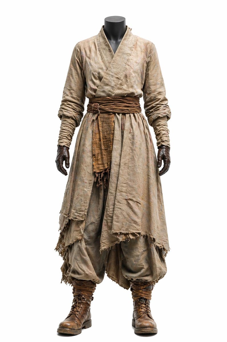 K&ouml;nnte beinhalten: Ein beigefarbenes Kost&uuml;m mit einem Wickeloberteil, einem breiten G&uuml;rtel und einem geschichteten Rock. Das Outfit umfasst eine passende Hose, braune Lederhandschuhe und Stiefel. Das Kost&uuml;m wird auf einer Schaufensterpuppe pr&auml;sentiert.