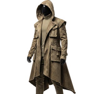 May include: A long, hooded coat in a faded olive green color. The coat features multiple pockets, a high collar, and a unique asymmetrical hemline. The garment is displayed on a mannequin, showcasing its design and fit.