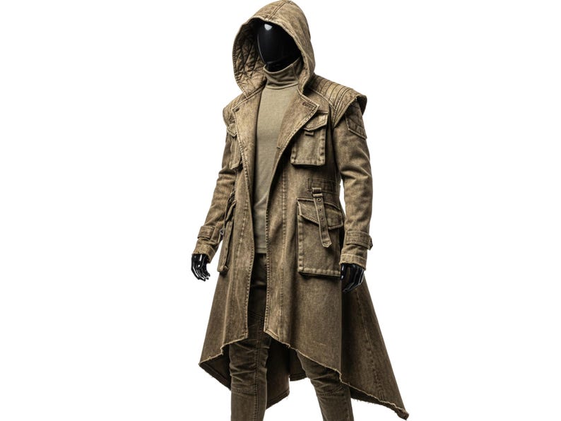 May include: A long, hooded coat in a faded olive green color. The coat features multiple pockets, a high collar, and a unique asymmetrical hemline. The garment is displayed on a mannequin, showcasing its design and fit.