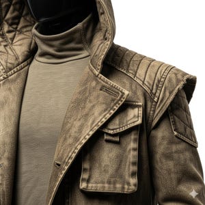 May include: A distressed olive green jacket with a hood and a high collar. The jacket features quilted shoulder details, a button closure, and a chest pocket. The jacket is layered over a matching olive green turtleneck.