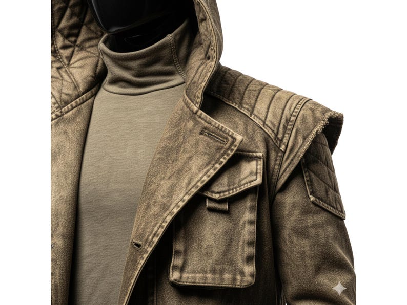 May include: A distressed olive green jacket with a hood and a high collar. The jacket features quilted shoulder details, a button closure, and a chest pocket. The jacket is layered over a matching olive green turtleneck.