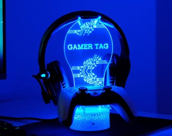 Personalized Gamertag Headphone & Controller Stand with Remote Touch USB