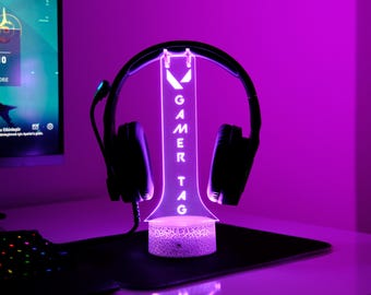 Personalized Headset Gaming Station - Custom Gamertag LED Headphone Stand - Gamer Streamer Gift