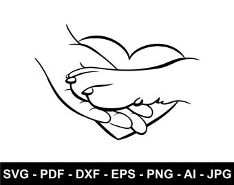 Pata y mano SVG, Pata de amor SVG, Mascota de San Valentín SVG, Mamá perro SVG, Pata de perro SVG, Huella de pata y mano humana, Arte lineal de perro, De moda, Regalo para ella