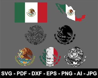 May include: Image features the Mexican flag, a map outline of Mexico with the flag colors, and various illustrations of the Mexican coat of arms. The image also includes the text "SVG - PDF - DXF - EPS - PNG - AI - JPG".
