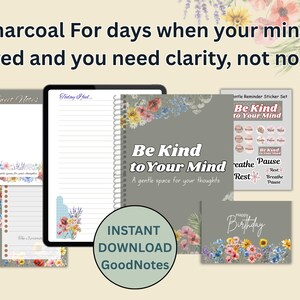 Könnte beinhalten: Digitales Planer- und Aufkleber-Set mit floralen Akzenten. Das Set enthält ein Notizbuch, Notizblöcke und Aufkleber mit dem Text "Be Kind to Your Mind". Das Bild enthält auch den Text "Charcoal For days when your mind is tired and you need clarity, not noise."