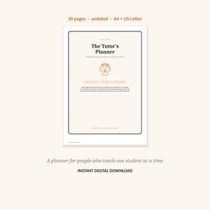 Puede incluir: Una página de planificador digital titulada The Tutor's Planner con 30 páginas, sin fecha, en formatos A4 y US Letter. El documento presenta un dibujo lineal de un perro con birrete, descripciones de texto y un diseño limpio para tutores.