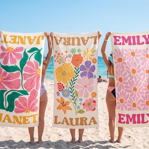Personalized Retro Floral Beach Towels, Custom Name Pool Trips Towel, Bachelorette Party Favors, Girls Trip Summer Towel