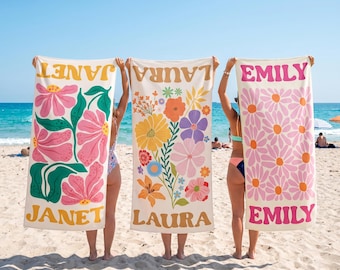 Personalized Retro Floral Beach Towels, Custom Name Pool Trips Towel, Bachelorette Party Favors, Girls Trip Summer Towel