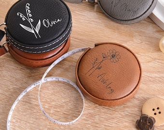 Engraved Leatherette Pocket Tape Measure, Birth Flower Tailor Gift, Custom Sewing Gifts for Dressmaker, Gift for Her