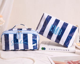 Personalized Embroidered Striped Cosmetic Bag, Waterproof Toiletry Pouch, Monogram Makeup Organizer, Bridesmaid Gifts, Gift for Her
