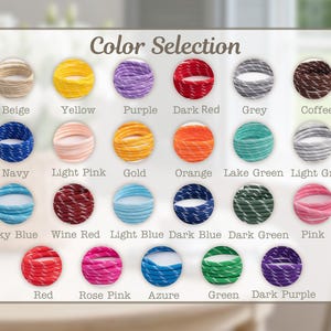 May include: A color selection chart featuring 24 different colors of cord. The colors include beige, yellow, purple, dark red, grey, coffee, navy, light pink, gold, orange, lake green, light grey, sky blue, wine red, light blue, dark blue, dark green, pink, red, rose pink, azure, green, and dark purple.